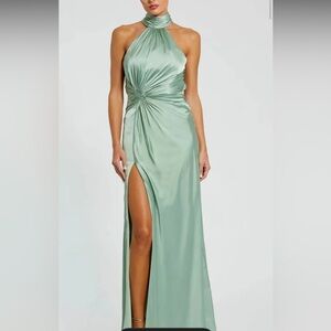 NWT Mac Duggal Sz 8 Sage Green Open Back High Neck Side Ruched Gown